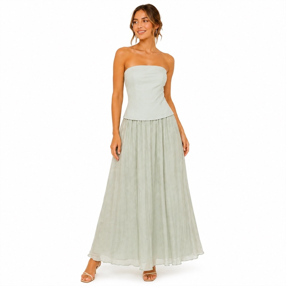 Moon River Womens Strapless Maxi‎ Dress Sage Green Textured Skirt Boho Small